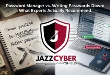 Password Manager vs Writing Passwords Down: What Experts Actually Recommend Password manager versus writing passwords down comparison — laptop with password manager app next to a notebook and pen, Jazz Cyber Shield security guide