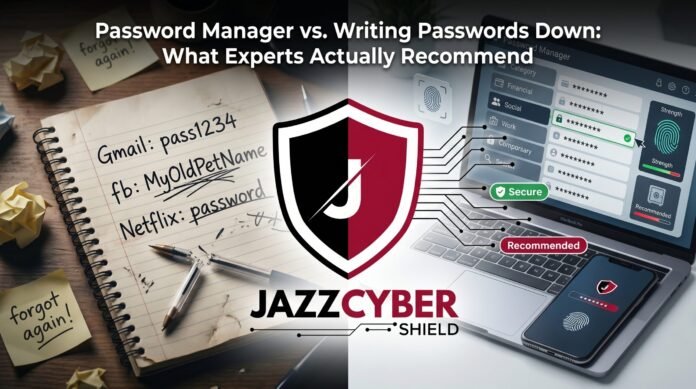 Password manager versus writing passwords down comparison — laptop with password manager app next to a notebook and pen, Jazz Cyber Shield security guide