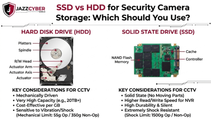 SSD vs HDD security camera storage comparison — Jazz Cyber Shield 2026