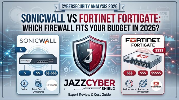 SonicWall vs FortiGate firewall comparison 2026 — two enterprise firewall devices side by side on a server rack, Jazz Cyber Shield buying guide