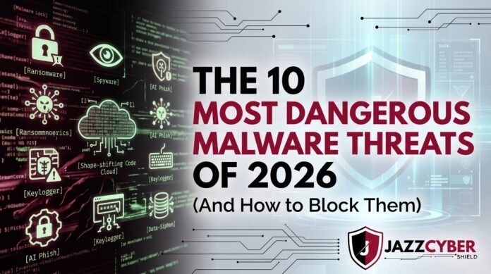 The 10 most dangerous malware threats of 2026 — dark cyberpunk visualization of active ransomware and malware attack types targeting US businesses