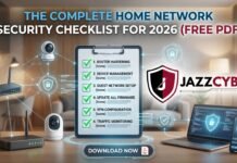 The Complete Home Network Security Checklist for 2026 (Free PDF) Complete home network security checklist 2026 — smart home devices, router, and laptop connected on a secure home network, Jazz Cyber Shield guide