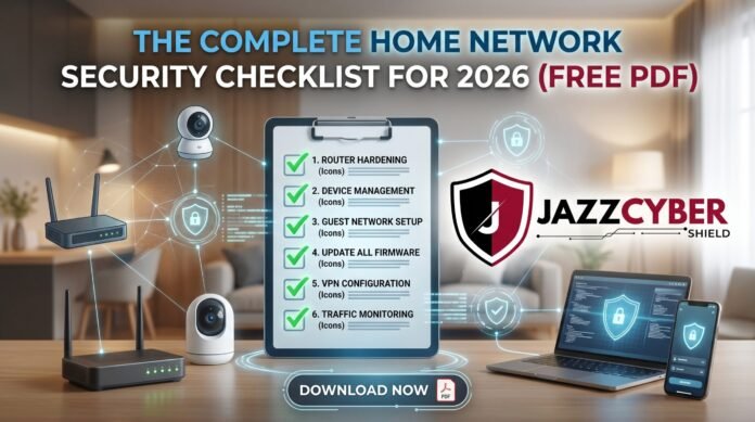 Complete home network security checklist 2026 — smart home devices, router, and laptop connected on a secure home network, Jazz Cyber Shield guide
