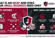 What Is an MSSP and Does Your Small Business Need One? MSSP small business guide showing managed security service provider monitoring a company network — Jazz Cyber Shield