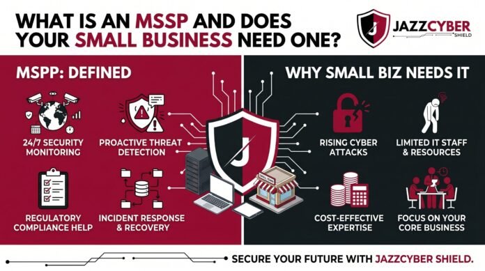 MSSP small business guide showing managed security service provider monitoring a company network — Jazz Cyber Shield