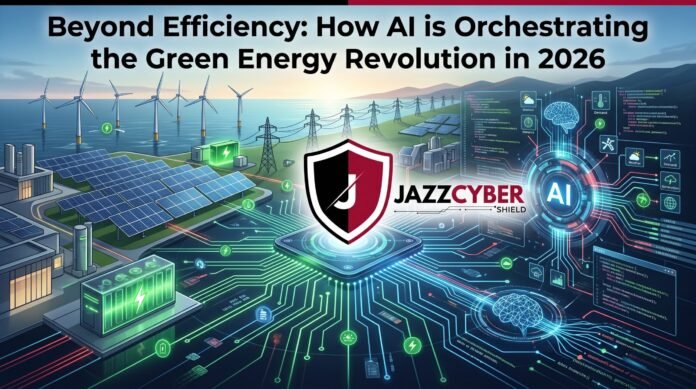 AI dashboard controlling solar panels and wind turbines in a smart green energy grid, 2026