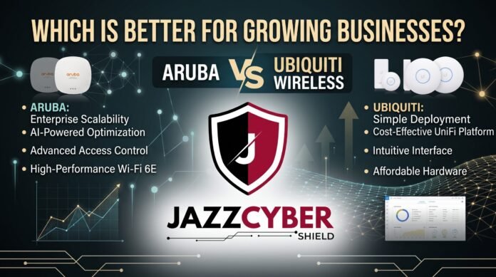 Aruba vs Ubiquiti wireless system comparison 2026 — HPE Aruba and Ubiquiti UniFi access points side by side for growing business buyers, Jazz Cyber Shield guide