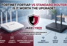 Fortinet FortiAP vs Standard Router: Is It Worth the Upgrade? Fortinet FortiAP vs standard consumer router comparison 2026 — enterprise wireless access point mounted on office wall next to a consumer router, Jazz Cyber Shield guide