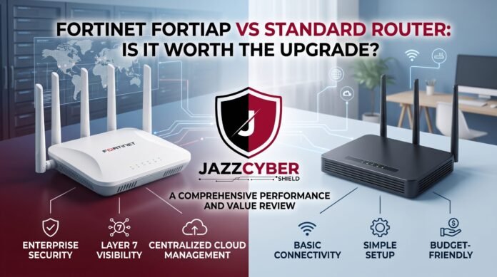 Fortinet FortiAP vs standard consumer router comparison 2026 — enterprise wireless access point mounted on office wall next to a consumer router, Jazz Cyber Shield guide