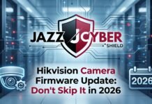 Hikvision Camera Firmware Update 2026: Why Skipping Updates Is Now Dangerous Hikvision camera firmware update 2026 — security camera with warning overlay showing unpatched CVE vulnerability, Jazz Cyber Shield security guide