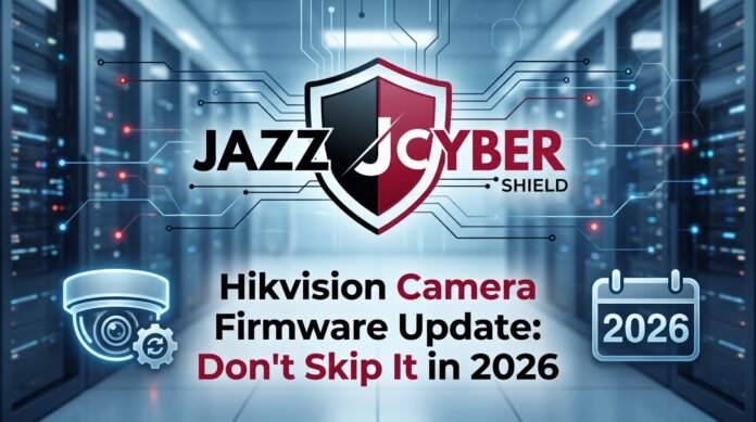 Hikvision camera firmware update 2026 — security camera with warning overlay showing unpatched CVE vulnerability, Jazz Cyber Shield security guide