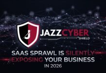SaaS Sprawl: Why Too Many Business Apps Are Your Biggest Security Risk in 2026 SaaS sprawl security risk 2026 — overwhelming number of unmanaged business app icons overwhelming a laptop screen representing shadow IT danger, Jazz Cyber Shield cybersecurity