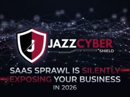 SaaS sprawl security risk 2026 — overwhelming number of unmanaged business app icons overwhelming a laptop screen representing shadow IT danger, Jazz Cyber Shield cybersecurity