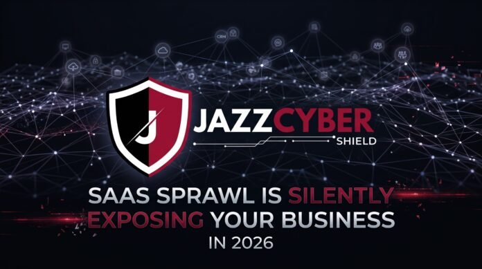 SaaS sprawl security risk 2026 — overwhelming number of unmanaged business app icons overwhelming a laptop screen representing shadow IT danger, Jazz Cyber Shield cybersecurity