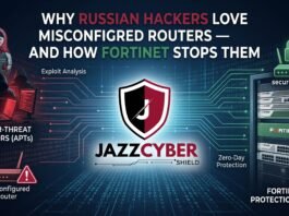 Misconfigured routers targeted by Russian hackers — exposed router with default credentials being accessed by remote attacker, Fortinet protection guide by Jazz Cyber Shield