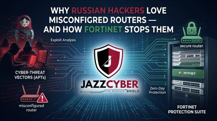 Misconfigured routers targeted by Russian hackers — exposed router with default credentials being accessed by remote attacker, Fortinet protection guide by Jazz Cyber Shield