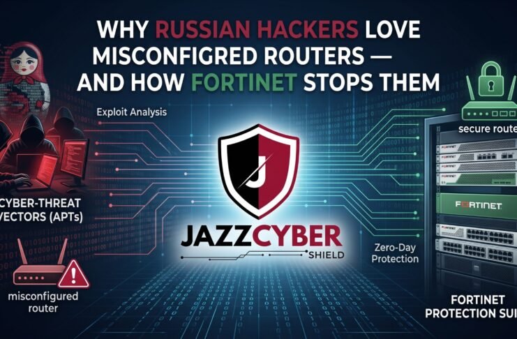 Misconfigured routers targeted by Russian hackers — exposed router with default credentials being accessed by remote attacker, Fortinet protection guide by Jazz Cyber Shield