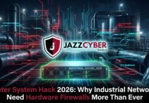 Water System Hack 2026: Why Industrial Networks Need Hardware Firewalls More Than Ever Water system hack 2026 — industrial water treatment plant control panel being accessed remotely by attacker, hardware firewall protection guide by Jazz Cyber Shield