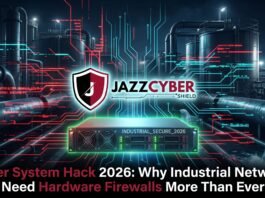 Water system hack 2026 — industrial water treatment plant control panel being accessed remotely by attacker, hardware firewall protection guide by Jazz Cyber Shield