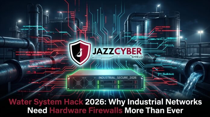 Water system hack 2026 — industrial water treatment plant control panel being accessed remotely by attacker, hardware firewall protection guide by Jazz Cyber Shield
