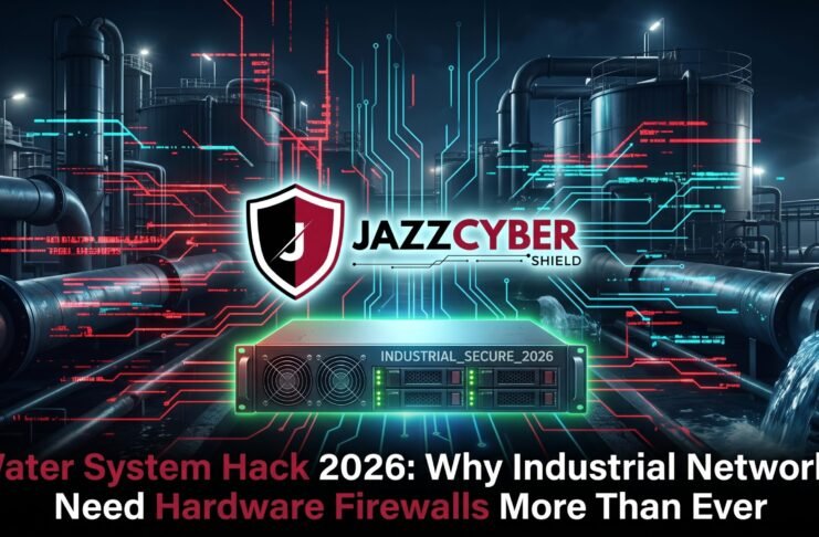 Water system hack 2026 — industrial water treatment plant control panel being accessed remotely by attacker, hardware firewall protection guide by Jazz Cyber Shield