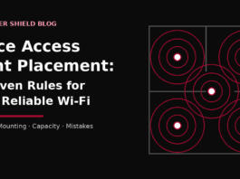 Office access point placement guide showing ceiling access points spaced in a staggered office floor plan