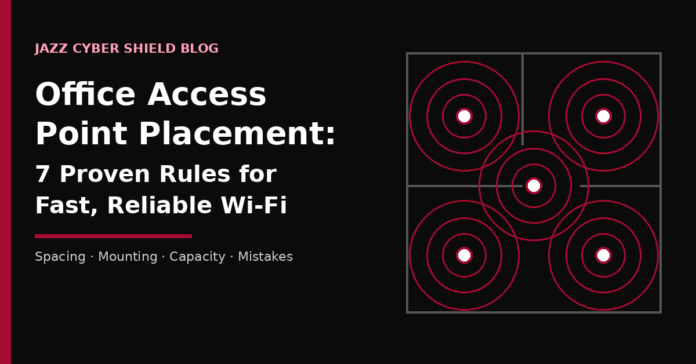 Office access point placement guide showing ceiling access points spaced in a staggered office floor plan